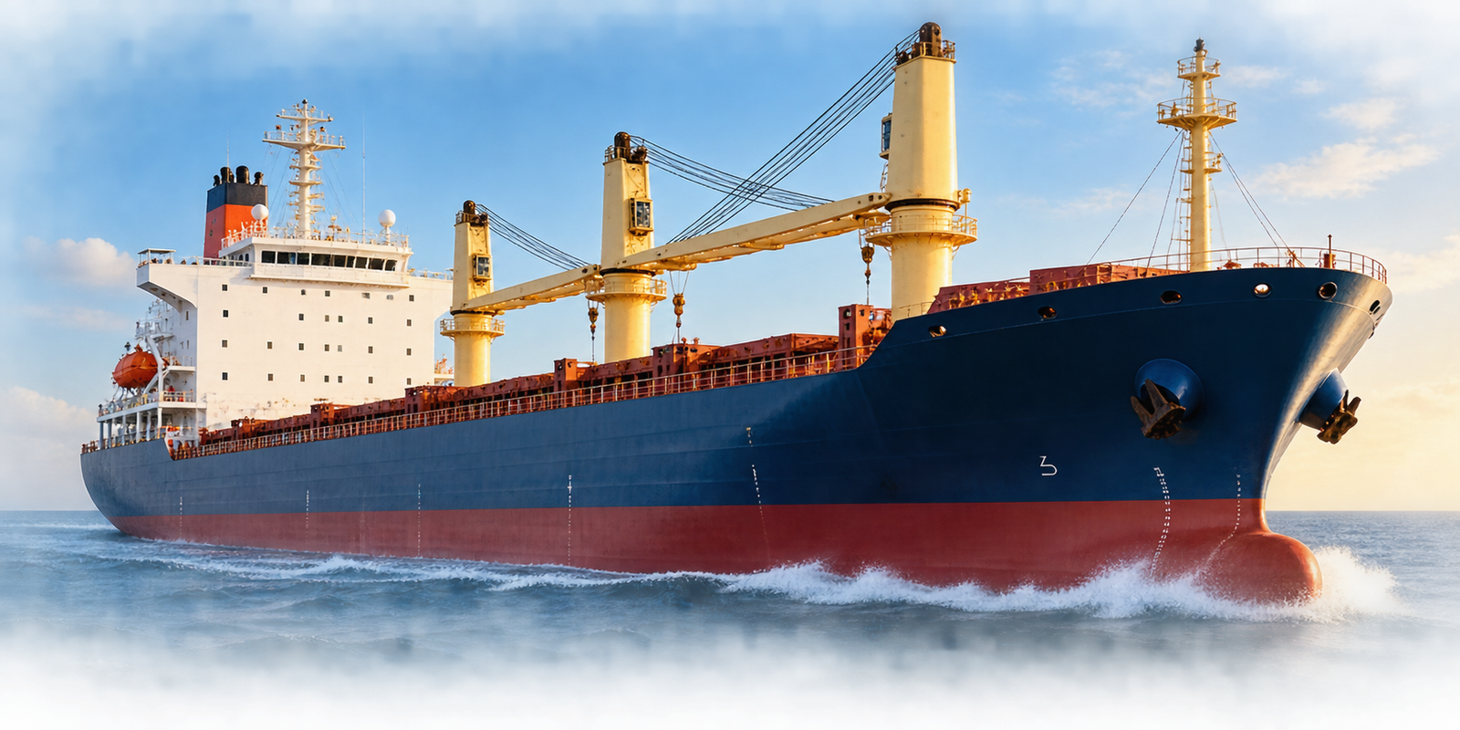 Bulk carrier ship with cargo cranes sailing at sea